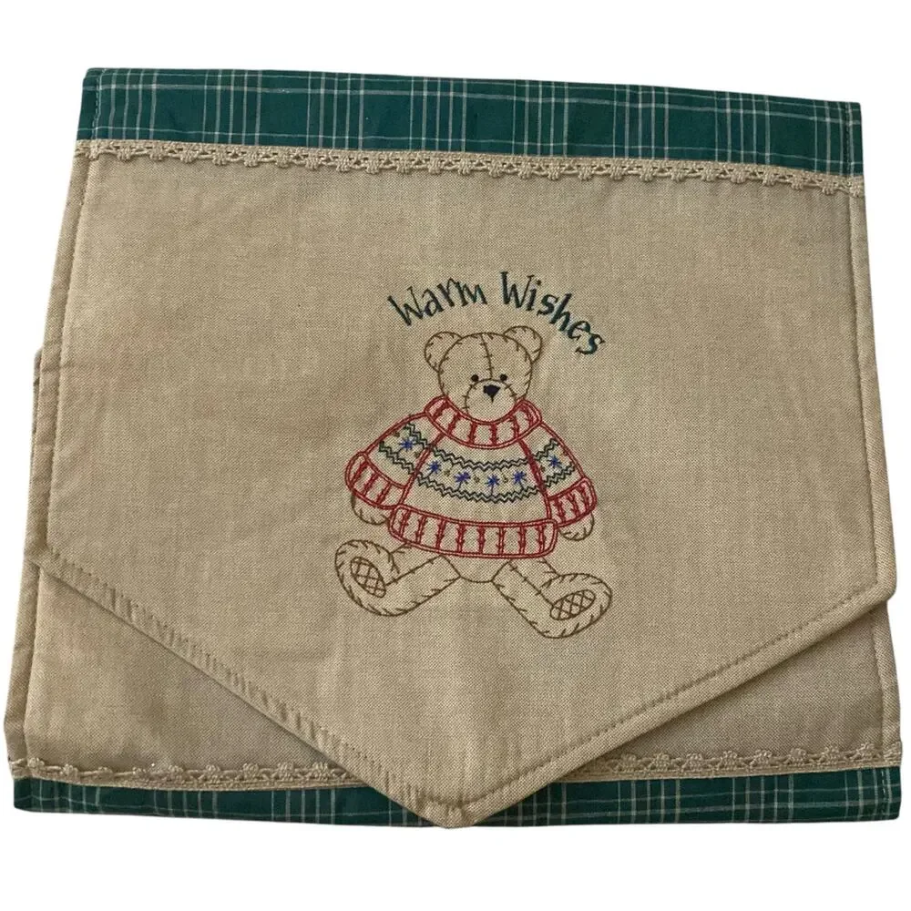 Vintage table runner for side table that reads “Warm Wishes” w teddy bear design